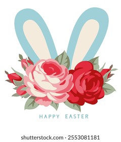 Plantilla de diseño de Pascua feliz. Fondo blanco de Festiva con orejas de conejo de Pascua y rosa decorativa rosa y roja con hojas aisladas en blanco. Feliz Pascua. Vector ilustración de stock.