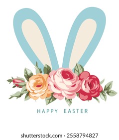 Happy Easter design template. Holiday white background with Easter Bunny Ears and decorative pink, red and yellow rose with leaves isolated on white. Happy Easter text. Vector stock illustration.