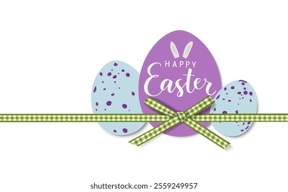 Happy Easter design template. Holiday background with horizontal green ribbon, bow, blue quail eggs, little bunny Ears and Happy Easter text on violet egg isolated on white. Vector stock illustration.