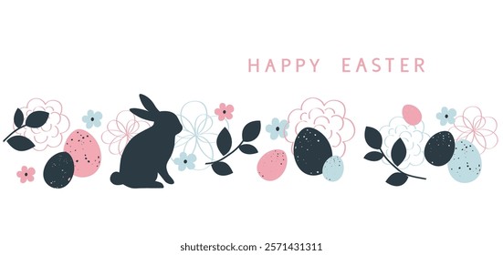 Happy Easter design template. Holiday white background with Easter Bunny on horizontal ornament with color eggs, abstract spring flowers and leaves. Vector stock illustration.