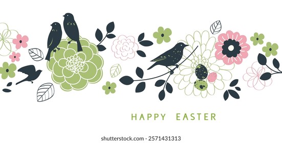 Happy Easter design template. Holiday white background with forest bird sitting on twig on horizontal ornament with abstract spring flowers and leaves. Vector stock illustration.