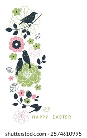 Happy Easter design template. Holiday white background with forest bird sitting on twig on vertical ornament with abstract spring flowers and leaves. Vector stock illustration