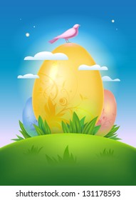 Happy Easter design template with morning landscape and eggs.