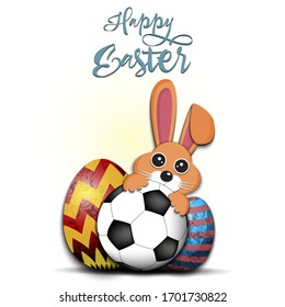 Happy Easter. Easter design template. Rabbit with soccer ball and easter eggs on an isolated background. Pattern for greeting card, banner, poster, invitation. Vector illustration