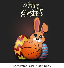 Happy Easter. Easter design template. Rabbit with basketball ball and easter eggs on an isolated background. Pattern for greeting card, banner, poster, invitation. Vector illustration
