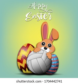 Happy Easter. Easter design template. Rabbit with volleyball ball and easter eggs on an isolated background. Pattern for greeting card, banner, poster, invitation. Vector illustration
