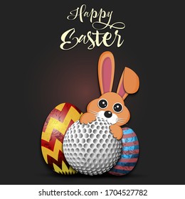 Happy Easter. Easter design template. Rabbit with golf ball and easter eggs on an isolated background. Pattern for greeting card, banner, poster, invitation. Vector illustration
