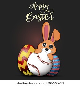 Happy Easter. Easter design template. Rabbit with baseball ball and easter eggs on an isolated background. Pattern for greeting card, banner, poster, invitation. Vector illustration