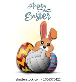 Happy Easter. Easter design template. Rabbit with volleyball ball and easter eggs on an isolated background. Pattern for greeting card, banner, poster, invitation. Vector illustration