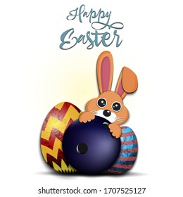 Happy Easter. Easter design template. Rabbit with bowling ball and easter eggs on an isolated background. Pattern for greeting card, banner, poster, invitation. Vector illustration