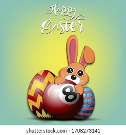 Happy Easter. Easter design template. Rabbit with billiard ball and easter eggs on an isolated background. Pattern for greeting card, banner, poster, invitation. Vector illustration