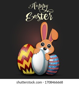 Happy Easter. Easter design template. Rabbit with rugby ball and easter eggs on an isolated background. Pattern for greeting card, banner, poster, invitation. Vector illustration