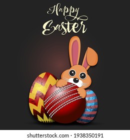 Feliz Pascua. Plantilla de diseño de Semana Santa. Conejo con bola de cricket y huevos de Pascua en un fondo aislado. Patrón para tarjeta de saludo, pancarta, afiche, invitación. Ilustración del vector