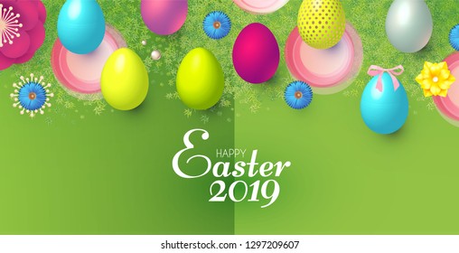 Happy Easter Design Template with Realistic Colorful Eggs, Egg Banner, Spring Flowers and Grass. Vector illustration