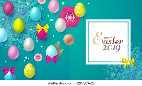 Happy Easter Design Template with Realistic Colorful Eggs, Spring Flowers and Grass. Vector illustration
