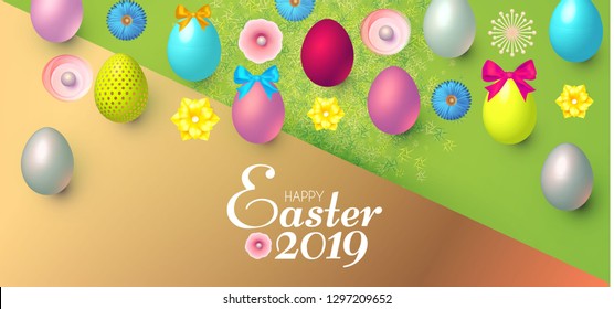 Happy Easter Design Template with Realistic Colorful Eggs, Spring Flowers and Grass. Vector illustration