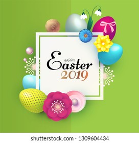 Happy Easter Design Template with Realistic Colorful Eggs and Spring Flowers. Vector illustration
