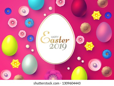 Happy Easter Design Template with Realistic Colorful Eggs, Egg Banner, Spring Flowers and Grass. Vector illustration