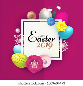 Happy Easter Design Template with Realistic Colorful Eggs and Spring Flowers. Vector illustration