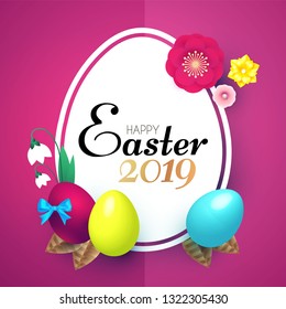 Happy Easter Design Template with Realistic Colorful Eggs and Spring Flowers. Vector illustration