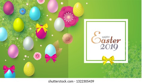 Happy Easter Design Template with Realistic Colorful Eggs, Spring Flowers and Grass. Vector illustration