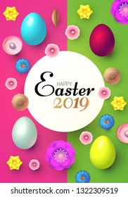 Happy Easter Design Template with Realistic Colorful Eggs, Egg Banner, Spring Flowers and Grass. Vector illustration
