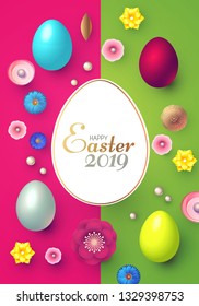 Happy Easter Design Template with Realistic Colorful Eggs, Banner, Spring Flowers and Grass. Vector illustration