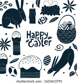 Happy Easter design template. Spring holiday concept vector illustrations. Chicken, rabbit, flowers, cakes and eggs. Can be use for easter holiday decoration and spring greeting cards.