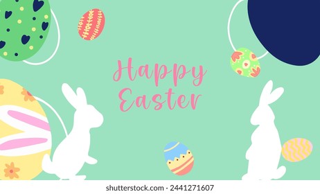 Happy Easter. Easter design with typography, painted eggs, bunny. Vector Illustration. Used for poster, banner, greeting card, header website.