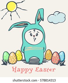 Happy easter design, vector illustration. Child in an Easter bunny costume, painted Easter eggs.
