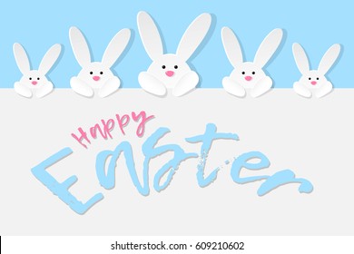Happy Easter design with wishes and white bunnies. Vector illustration.
