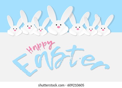 Happy Easter design with wishes and white bunnies. Vector illustration.