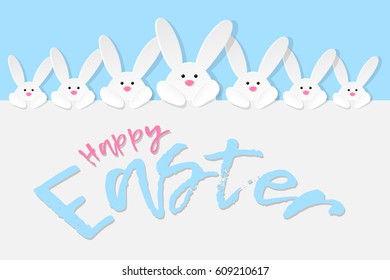 Happy Easter design with wishes and white bunnies. Vector illustration.
