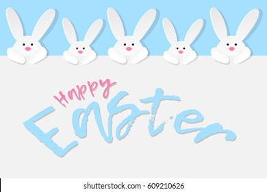 Happy Easter design with wishes and white bunnies. Vector illustration.