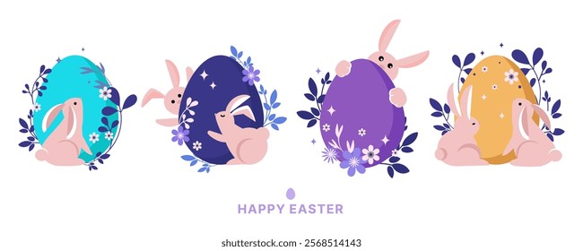 Happy Easter design.Easter Rabbits with colored eggs and Spring plants and flowers.Abstract style design.Vector