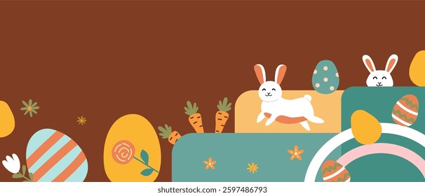 Happy easter designs with bunnies, eggs, and carrots for decorative use.
