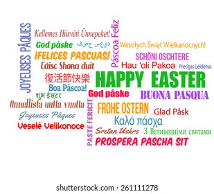 Happy Easter in different language. Words cloud on white background, vector illustration