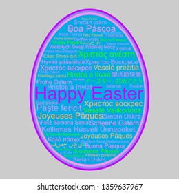 Happy Easter in different languages in egg, word tag cloud, vector