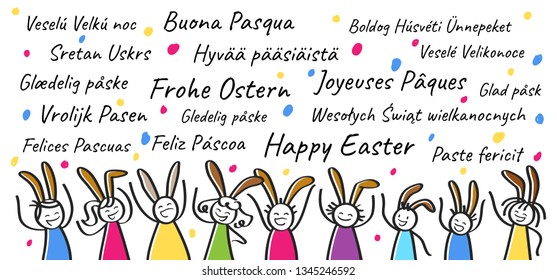 Happy Easter, different languages, stick figures with bunny ears cheering, isolated on white background