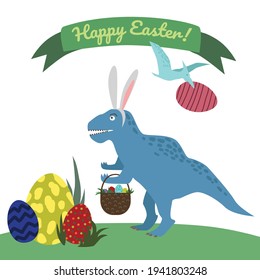 Happy Easter. Dinosaur with bunny ears and Easter basket. Colorful vector flat illustration.