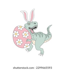 Happy Easter dinosaur with decorative floral egg and bunny ears. Cartoon vector illustration isolated on white.