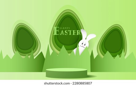 Happy Easter with display podium background. Stage with holiday paper cut eggs, grass and bunny. Festive spring 3D composition. Studio with green backdrop. Nature creative vector illustration.