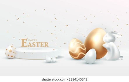 Happy Easter with display podium and bunny background. Stage with holiday gold eggs and confetti. Studio with white 3d rabbit backdrop. Modern creative vector illustration.
