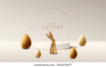 Happy Easter with display podium holiday background. Stage with gold eggs and bunny. Studio with golden rabbit and white backdrop. Modern creative vector illustration.