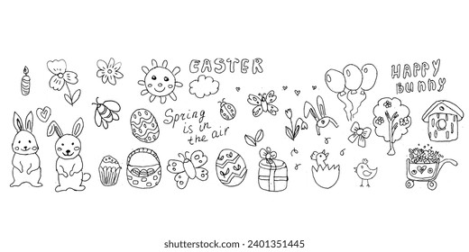 happy easter doodle background, set outline. Vector illustration isolated. Can use for spring banner, web site design, color page. Set of banny, easter egg, butterfly, basket, bird, sun, lettering. 