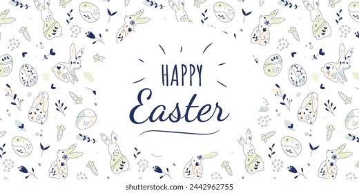 Happy Easter Doodle banner. Hand drawn Easter Eggs and Bunnies with simple Floral pattern. Vector design in pastel colors for greeting card, banner, horizontal poster, background