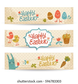 Happy easter doodle banners set with cartoon chickens eggs rabbit and easter cake flat vector illustration