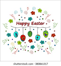 happy easter doodle card vectors eggs egg bunny background hunt rabbit basket vector