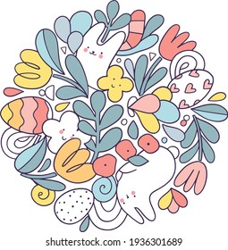 Happy Easter doodle circle composition design with bunny, tulip flowers, eggs, drops, particles. Spring holiday decorative elements.