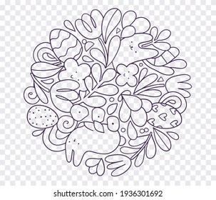 Happy Easter doodle circle composition design with bunny, tulip flowers, eggs, drops, particles. Spring holiday decorative elements.